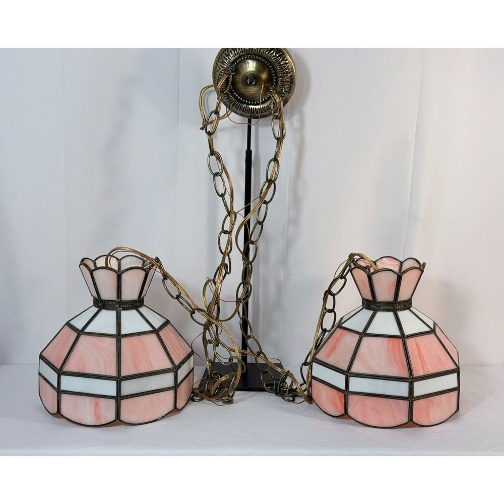 VTG Pair Pink Stained Glass Tiffany Style Electric Ceiling Lights